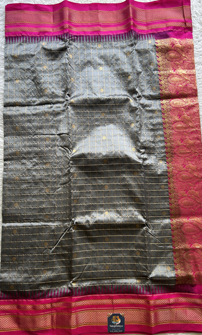 Narayanpet Silk Checks Saree Gray Colored Complemented with a Zari Border. - Sampradaya Designer Studio