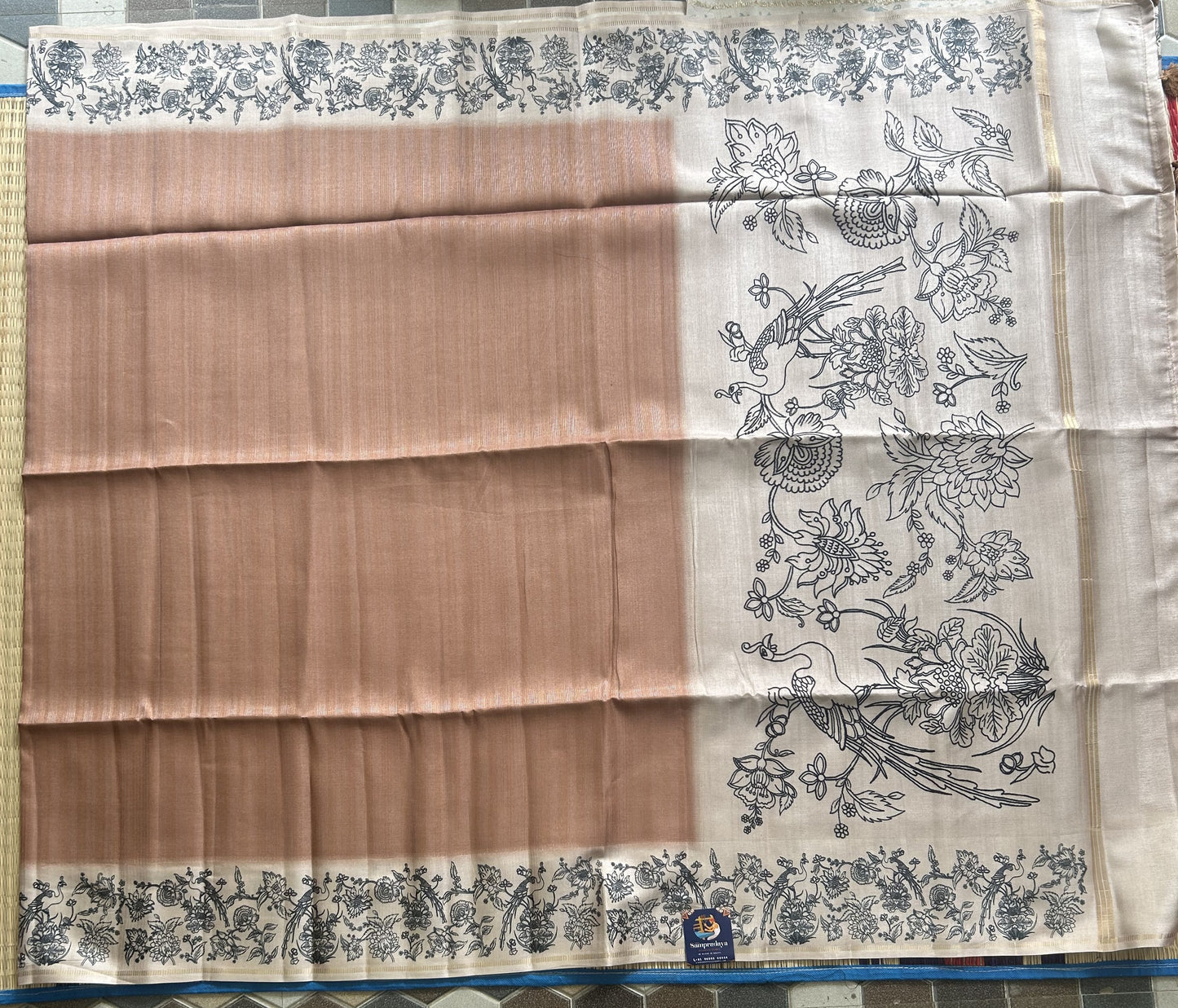 Semi Tussar Silk Saree -Sepia color with Gold Zari Border - Elegant Fancy Saree for Party & Office Wear.