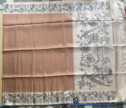 Semi Tussar Silk Saree -Sepia color with Gold Zari Border - Elegant Fancy Saree for Party & Office Wear.