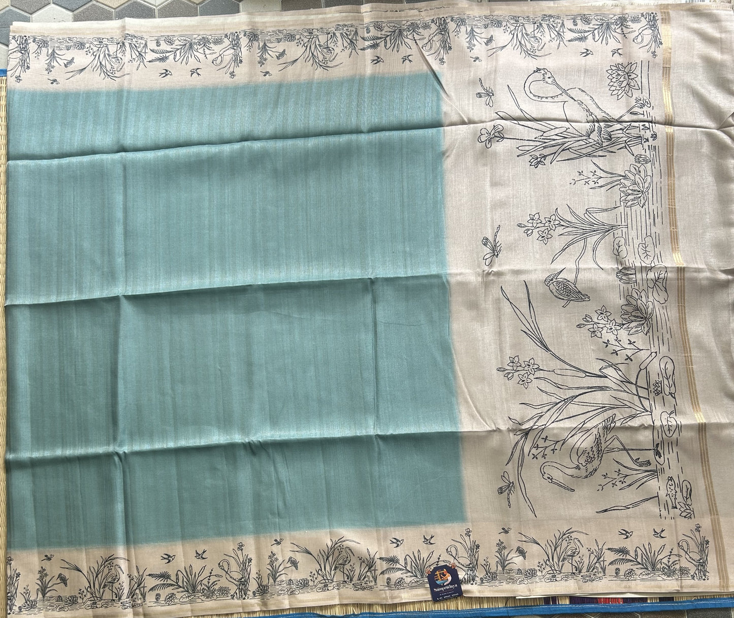 Semi Tussar Silk Saree - ice blue color with Gold Zari Border - Elegant Fancy Saree for Party & Office Wear.