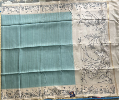 Semi Tussar Silk Saree - ice blue color with Gold Zari Border - Elegant Fancy Saree for Party & Office Wear.