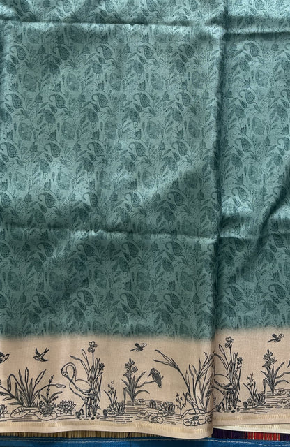 Semi Tussar Silk Saree - ice blue color with Gold Zari Border - Elegant Fancy Saree for Party & Office Wear.
