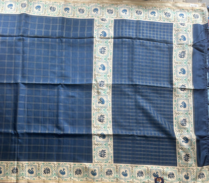 Semi Tussar Silk Saree -  Denim Blue Color with Gold Zari Border - Elegant Fancy Saree for Party & Office Wear.