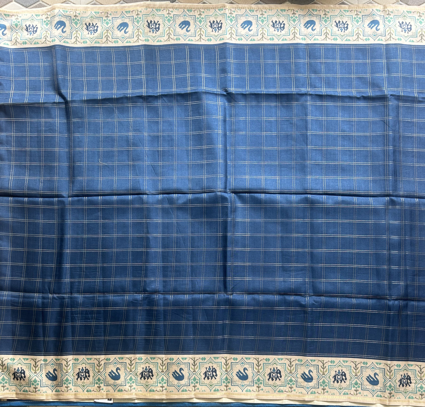 Semi Tussar Silk Saree -  Denim Blue Color with Gold Zari Border - Elegant Fancy Saree for Party & Office Wear.