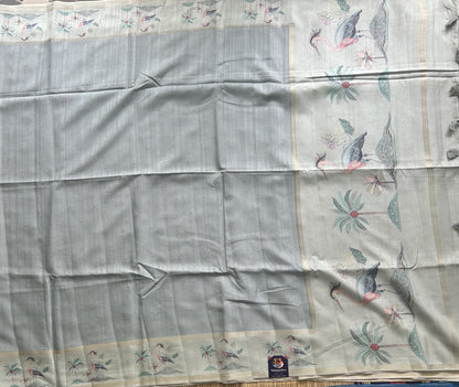 Semi Tussar Silk Saree - Bluish Gray with Gold Zari Border - Elegant Fancy Saree for Party & Office Wear.