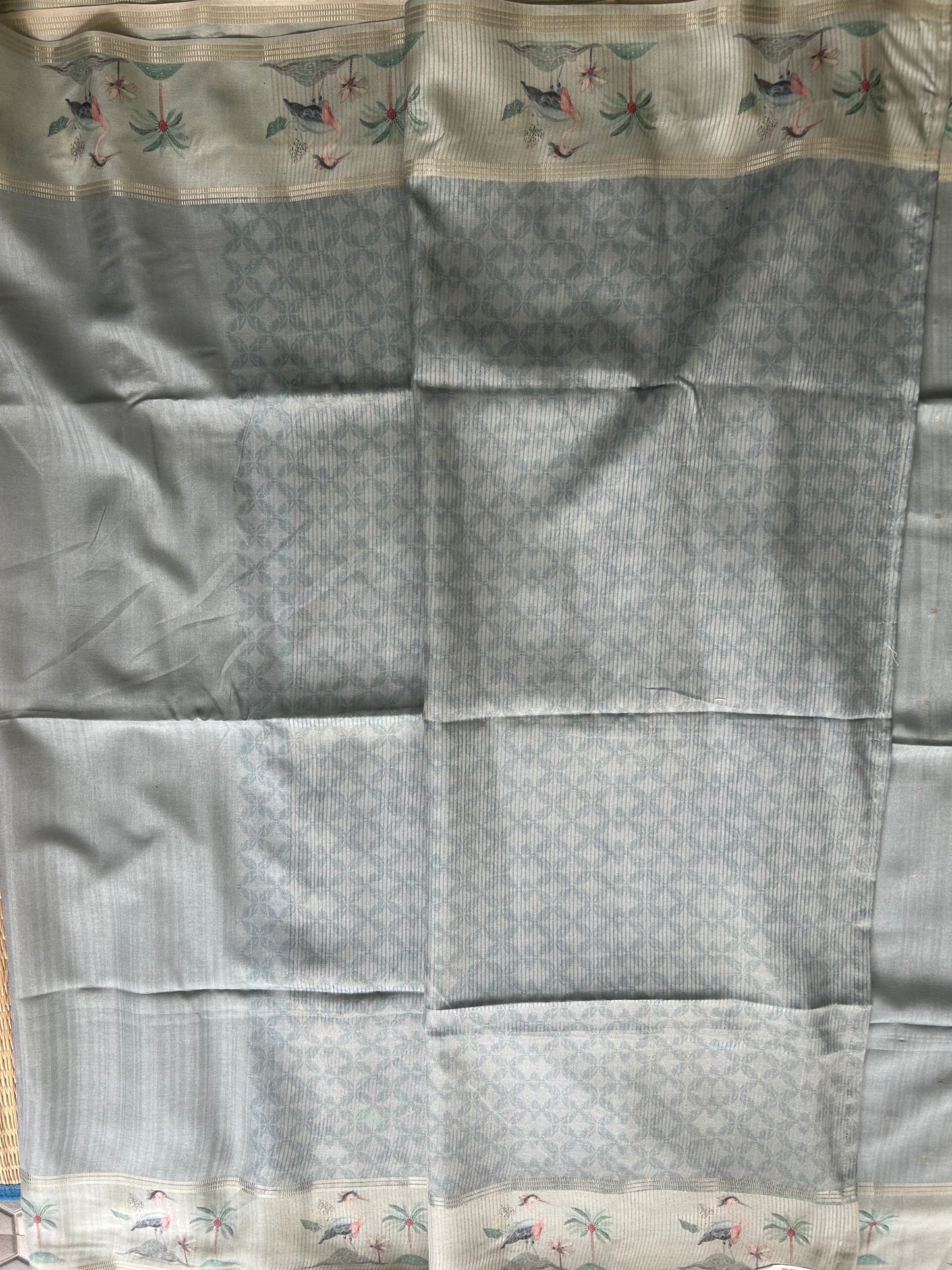 Semi Tussar Silk Saree - Bluish Gray with Gold Zari Border - Elegant Fancy Saree for Party & Office Wear.