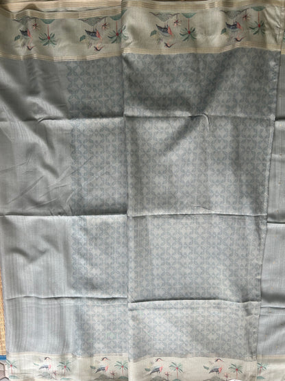 Semi Tussar Silk Saree - Bluish Gray with Gold Zari Border - Elegant Fancy Saree for Party & Office Wear.