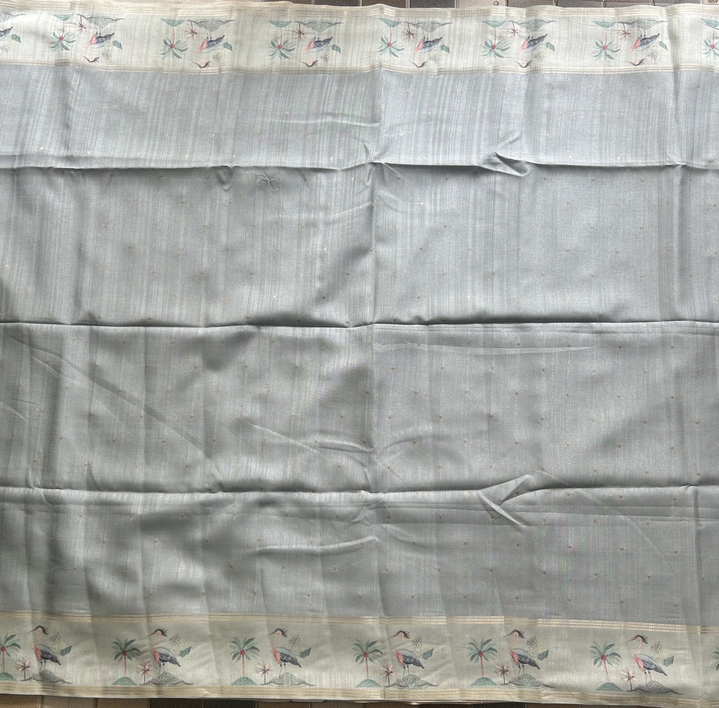 Semi Tussar Silk Saree - Bluish Gray with Gold Zari Border - Elegant Fancy Saree for Party & Office Wear.