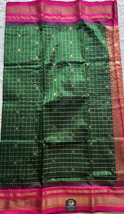 Narayanpet Silk Checks Saree Bottle Green Colored Complemented with a Zari Border. - Sampradaya Designer Studio