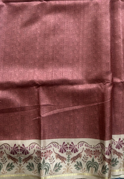 Semi Tussar Silk Saree -  Onion pink  color with Gold Zari Border - Elegant Fancy Saree for Party & Office Wear.