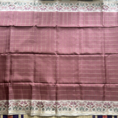 Semi Tussar Silk Saree -  Onion pink  color with Gold Zari Border - Elegant Fancy Saree for Party & Office Wear.