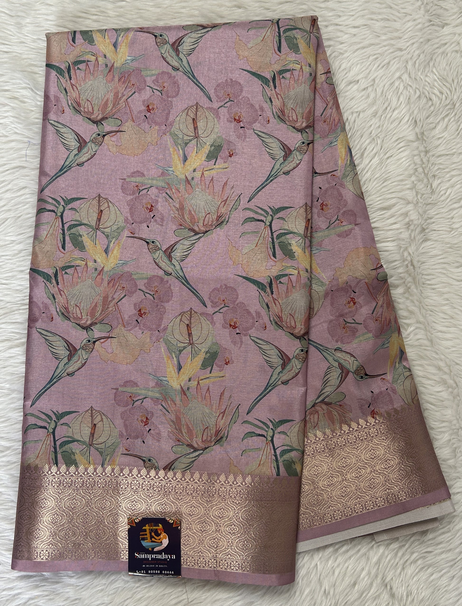 Banarasi Soft Silk Saree Lavender Colored Complemented with a Zari Border. - Sampradaya Designer Studio
