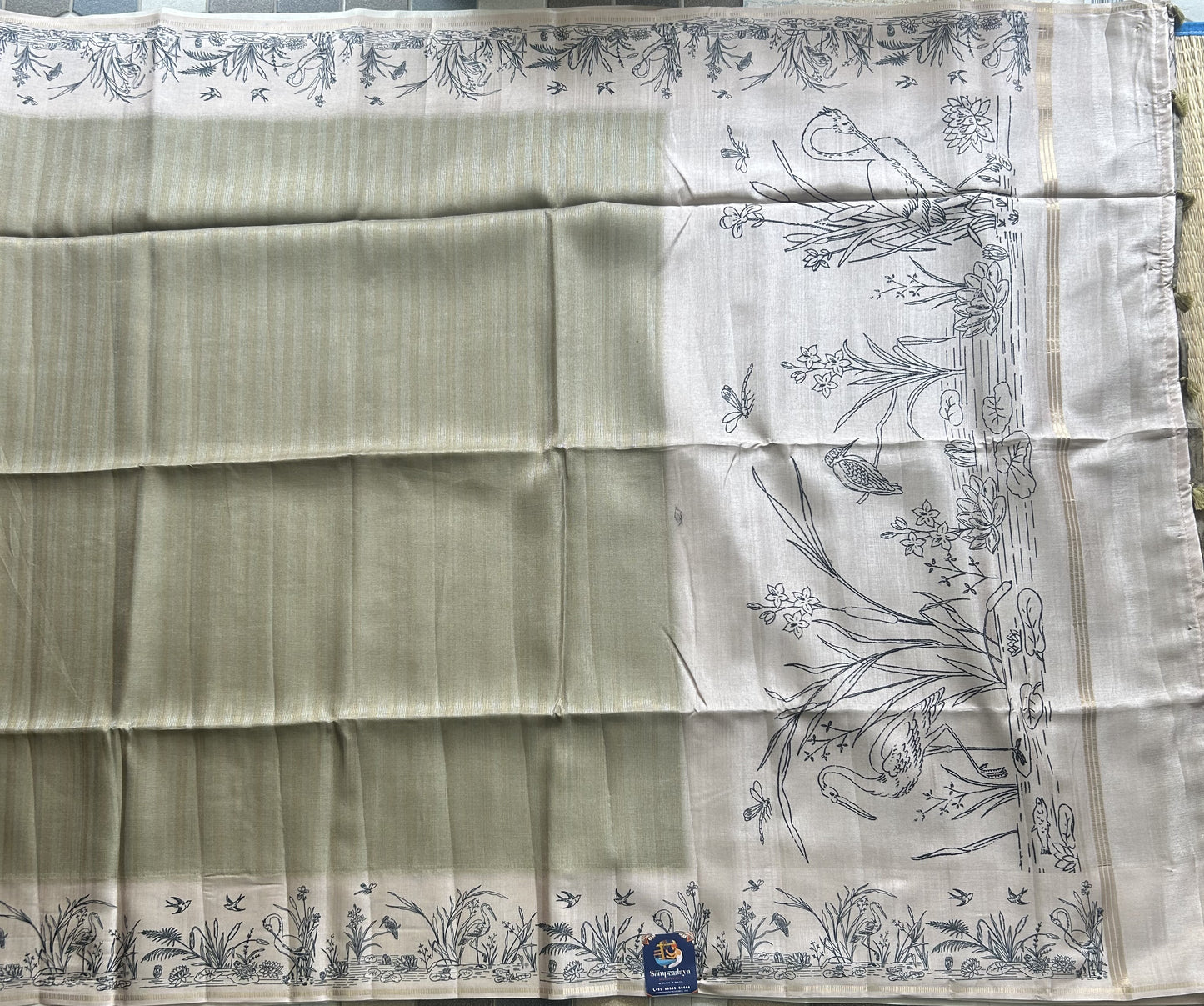 Semi Tussar Silk Saree -olive green color with Gold Zari Border - Elegant Fancy Saree for Party & Office Wear.