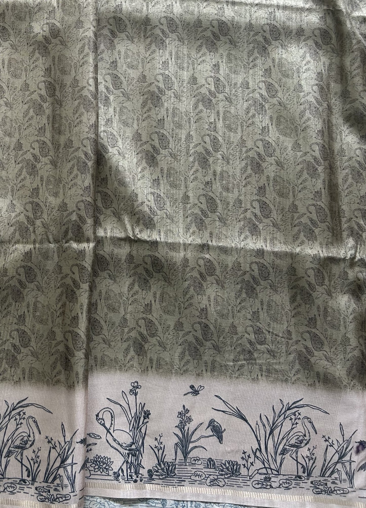 Semi Tussar Silk Saree -olive green color with Gold Zari Border - Elegant Fancy Saree for Party & Office Wear.
