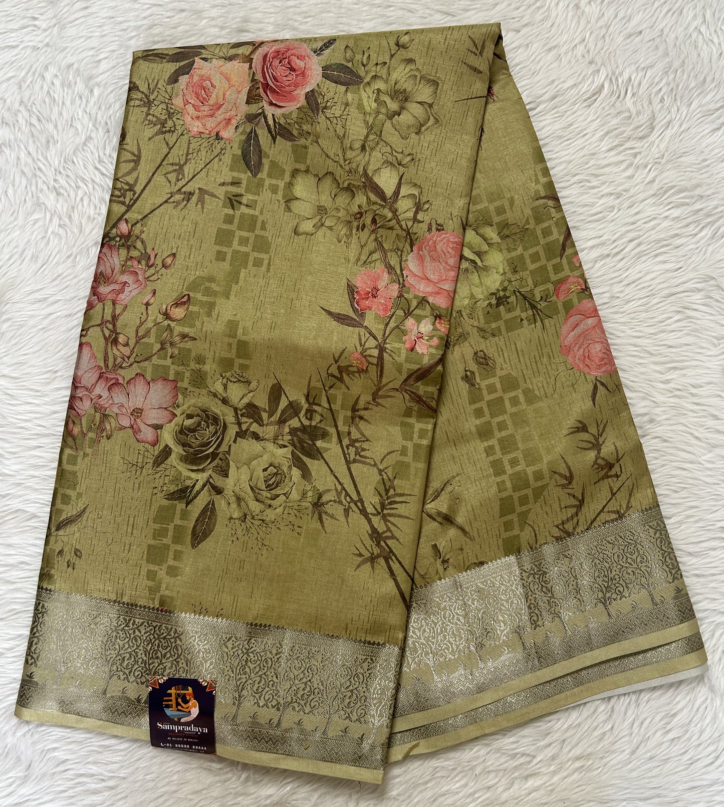 Banarasi Soft Silk Saree Green Colored Complemented with a Zari Border. - Sampradaya Designer Studio