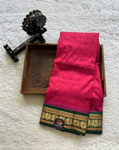 Narayanpet Silk Saree Pink Colored Complemented with a Green Zari Border. - Sampradaya Designer Studio