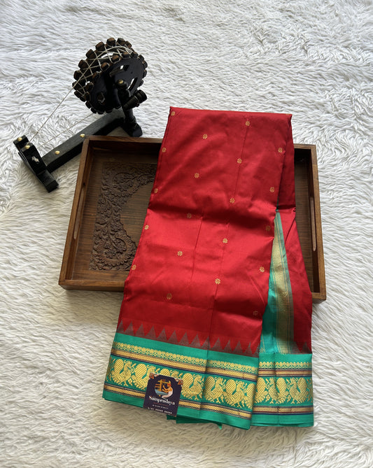 Narayanpet Silk Saree Maroon Colored Complemented with a Rama Green Zari Border. - Sampradaya Designer Studio