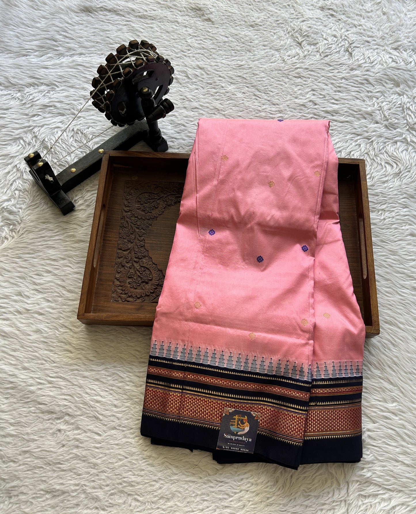Narayanpet Silk Saree Pink Colored Complemented with a Navy Blue Zari Border. - Sampradaya Designer Studio
