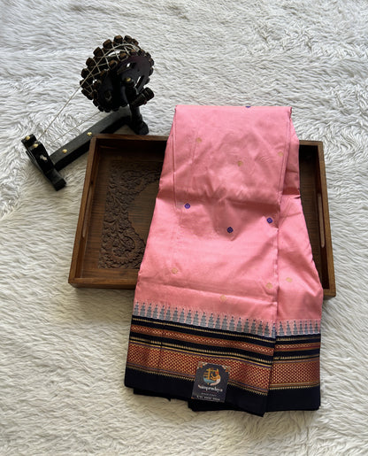 Narayanpet Silk Saree Pink Colored Complemented with a Navy Blue Zari Border. - Sampradaya Designer Studio