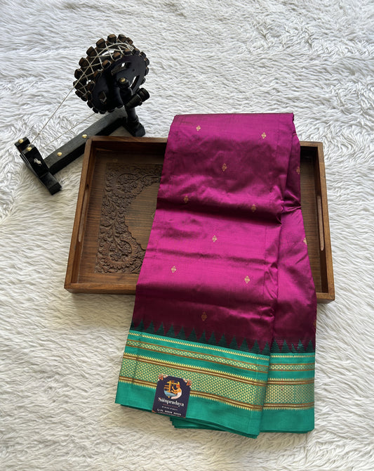 Narayanpet Silk Saree Purple Colored Complemented with a Rama Green Zari Border. - Sampradaya Designer Studio