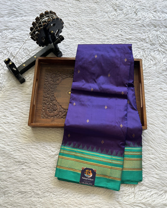 Narayanpet Silk Saree Violet Colored Complemented with a Rama Green Zari Border. - Sampradaya Designer Studio
