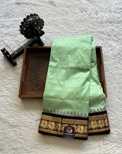 Narayanpet Silk Saree Mint Green Colored Complemented with a Black Zari Border. - Sampradaya Designer Studio