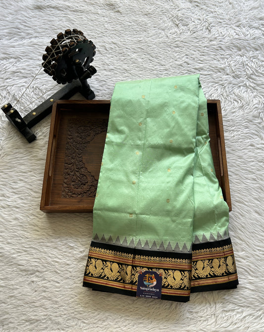 Narayanpet Silk Saree Mint Green Colored Complemented with a Black Zari Border. - Sampradaya Designer Studio