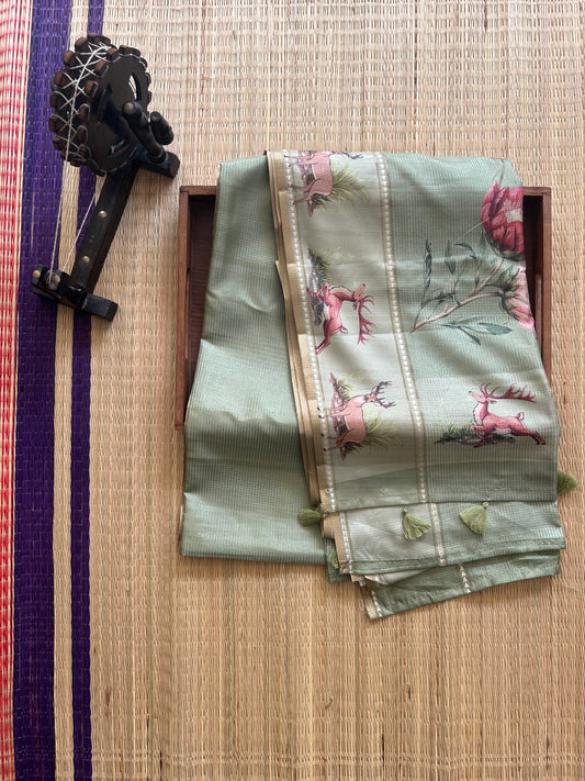 Semi Tussar Silk Saree - Green  color with Gold Zari Border - Elegant Fancy Saree for Party & Office Wear.