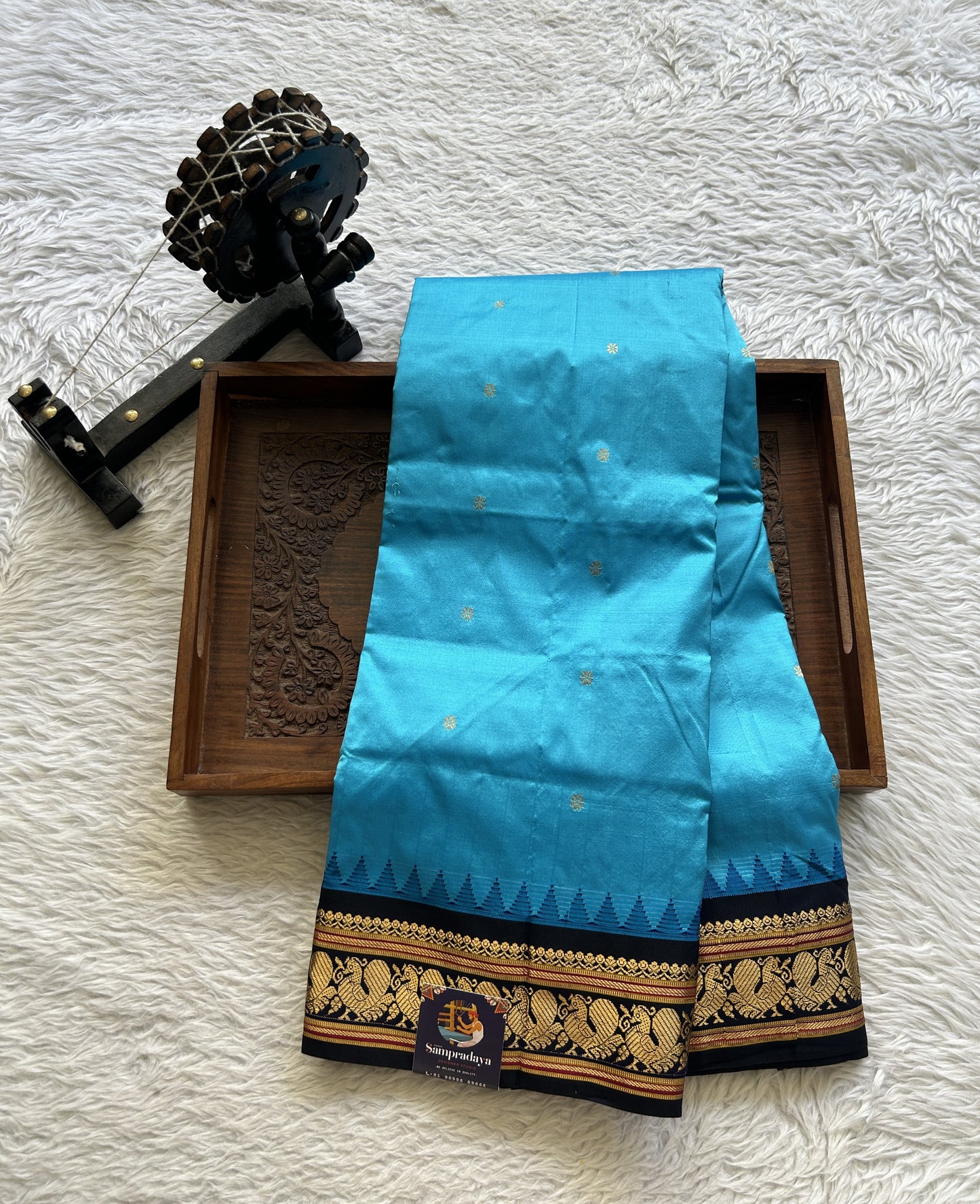 Narayanpet Silk Saree Sky Blue Colored Complemented with a Navy Blue Zari Border. - Sampradaya Designer Studio
