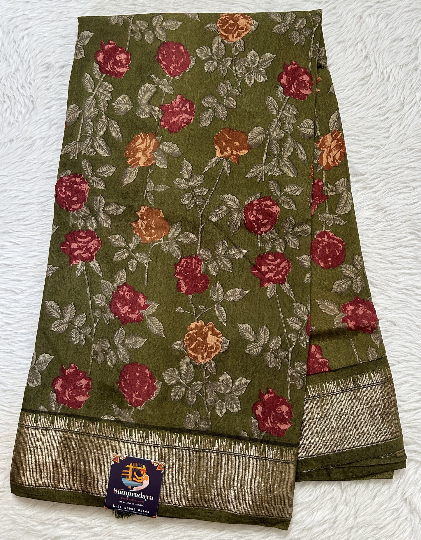 Banarasi Soft Silk Saree Olive Green Colored Complemented with a Zari Border. - Sampradaya Designer Studio