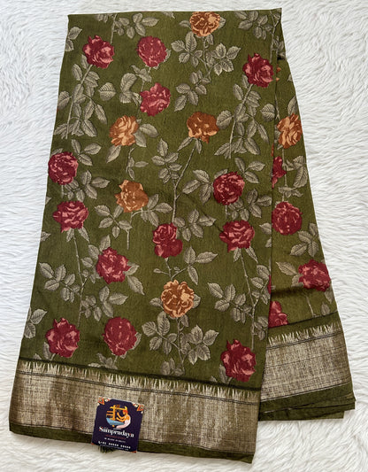 Banarasi Soft Silk Saree Olive Green Colored Complemented with a Zari Border. - Sampradaya Designer Studio
