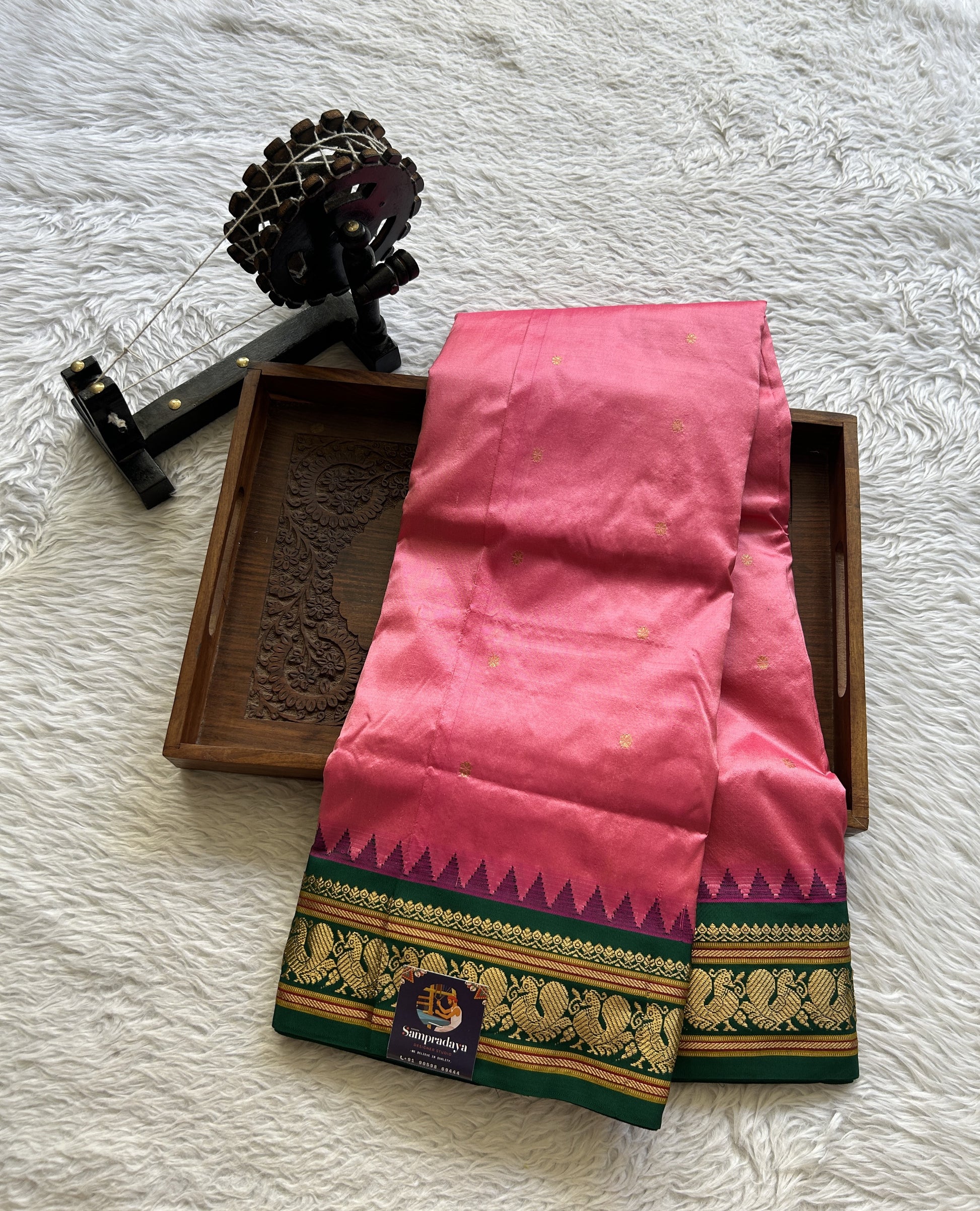 Narayanpet Silk Saree Dark Pink Colored Complemented with a Green Zari Border. - Sampradaya Designer Studio
