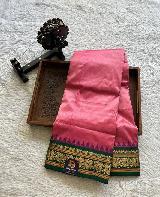 Narayanpet Silk Saree Dark Pink Colored Complemented with a Green Zari Border. - Sampradaya Designer Studio