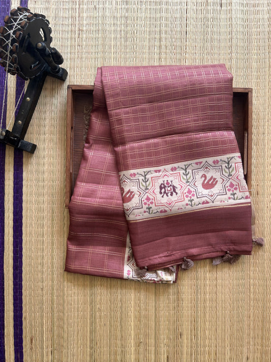 Semi Tussar Silk Saree -  Onion pink  color with Gold Zari Border - Elegant Fancy Saree for Party & Office Wear.