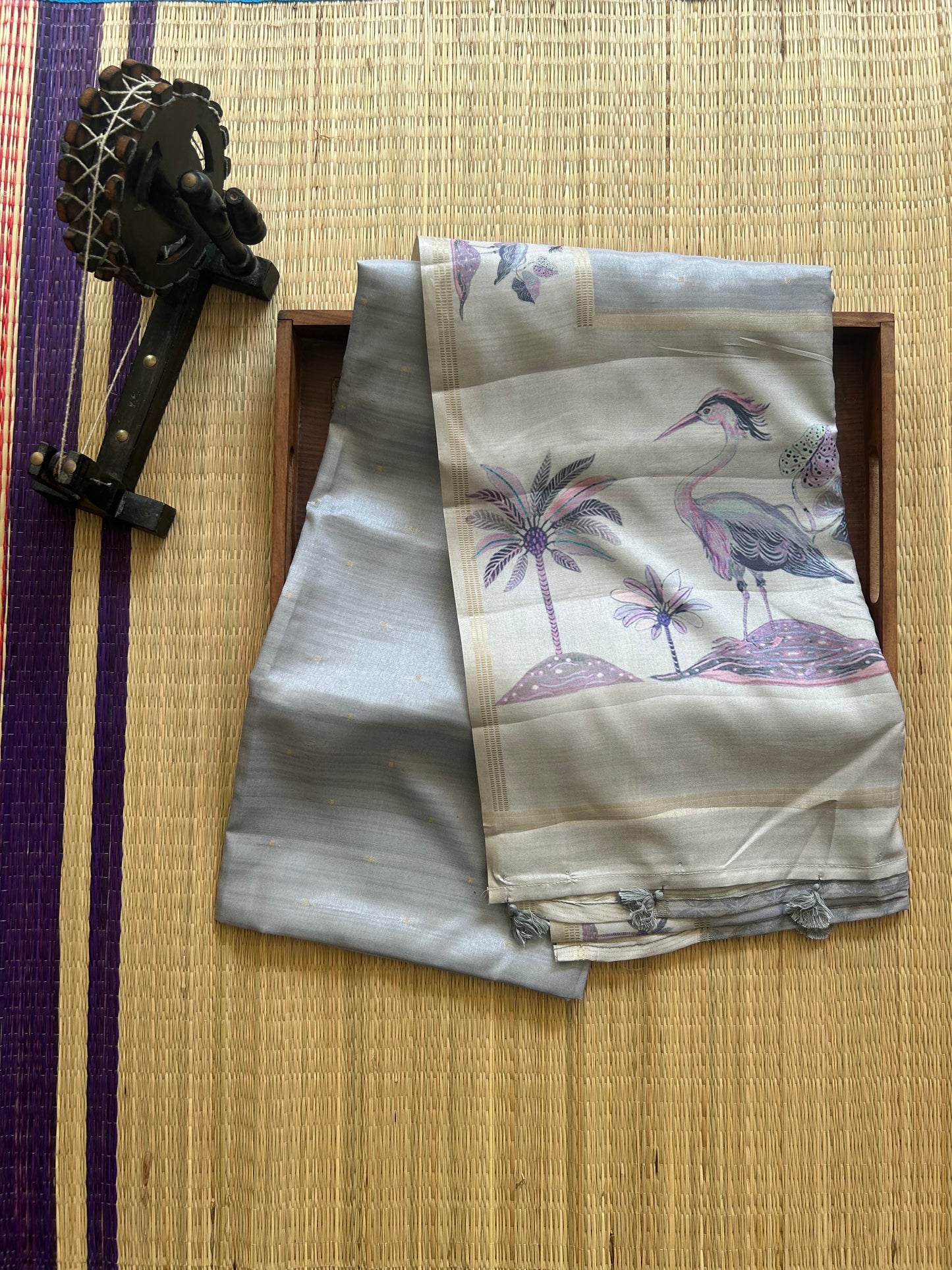 Semi Tussar Silk Saree -  Gray with Gold Zari Border - Elegant Fancy Saree for Party & Office Wear.