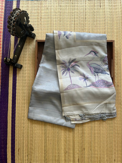 Semi Tussar Silk Saree -  Gray with Gold Zari Border - Elegant Fancy Saree for Party & Office Wear.