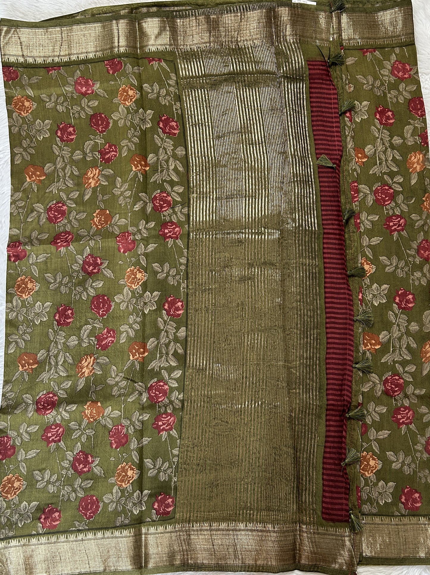 Banarasi Soft Silk Saree Olive Green Colored Complemented with a Zari Border. - Sampradaya Designer Studio