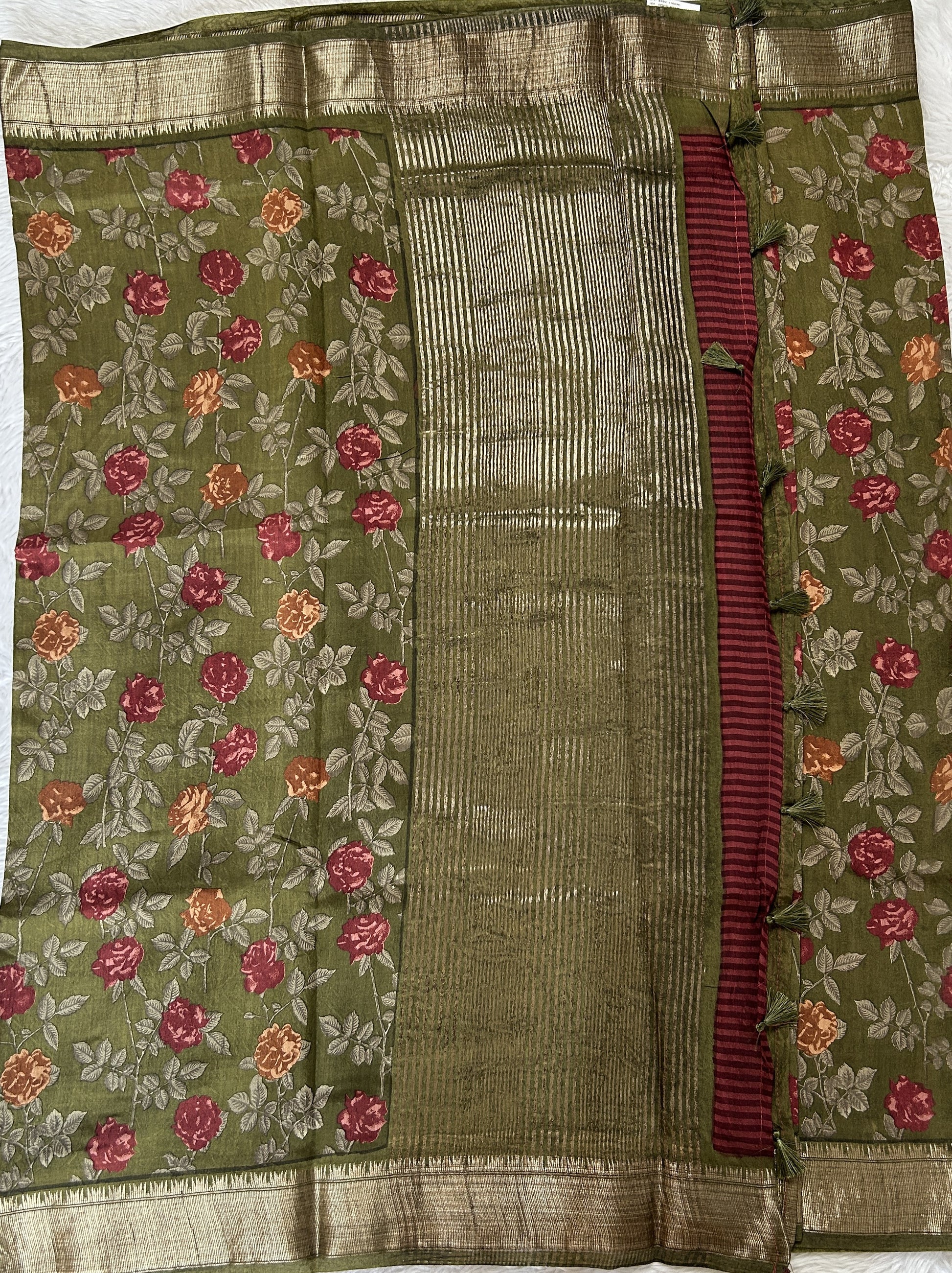 Banarasi Soft Silk Saree Olive Green Colored Complemented with a Zari Border. - Sampradaya Designer Studio