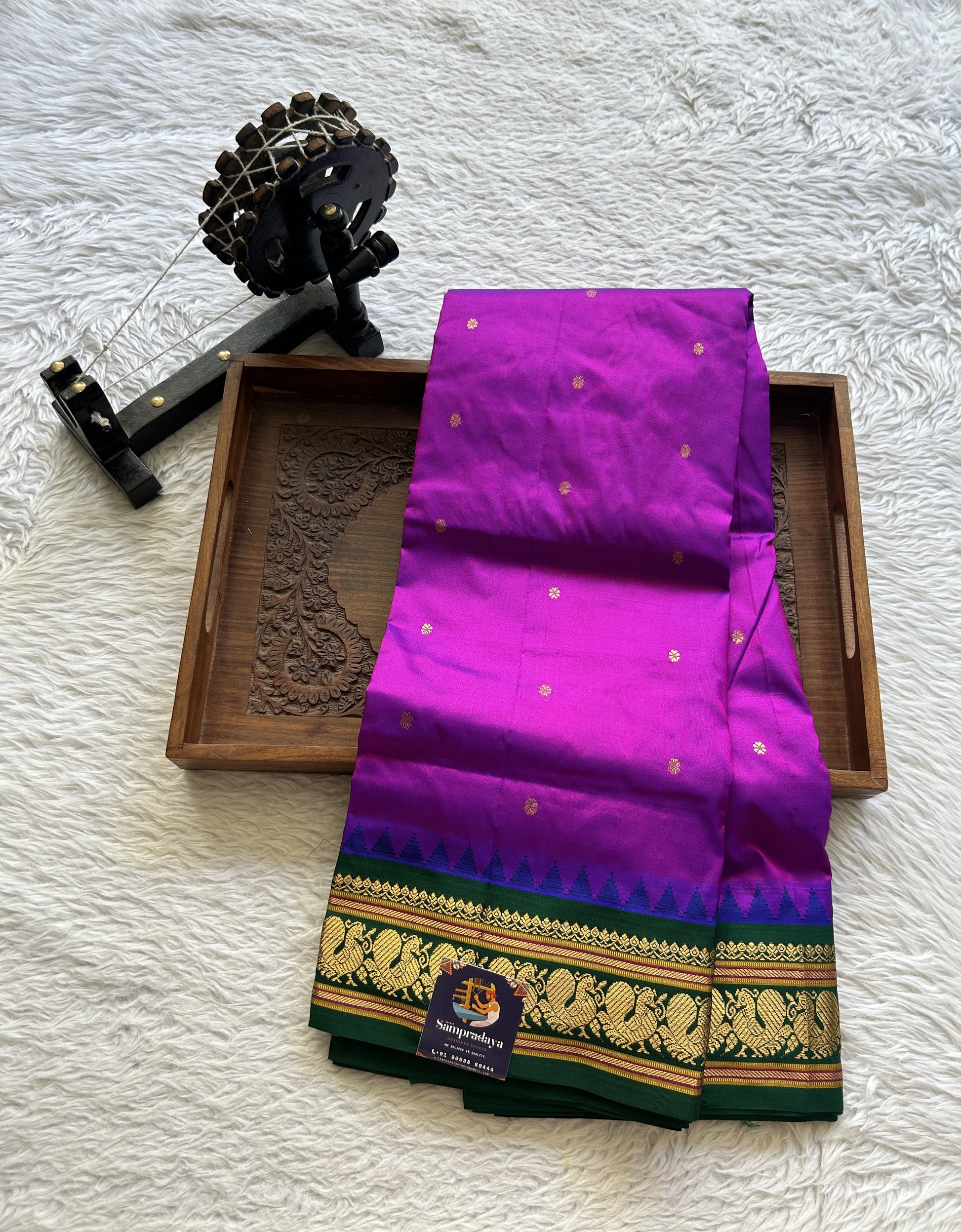 Narayanpet Silk Saree Purple Colored Complemented with a Green Zari Border. - Sampradaya Designer Studio