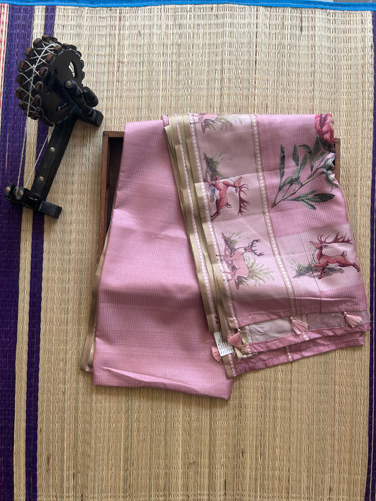 Semi Tussar Silk Saree -  Peach  color with Gold Zari Border - Elegant Fancy Saree for Party & Office Wear.
