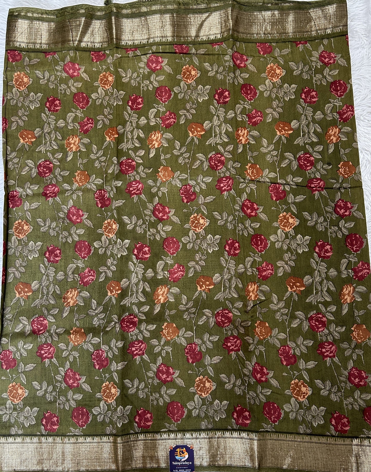 Banarasi Soft Silk Saree Olive Green Colored Complemented with a Zari Border. - Sampradaya Designer Studio