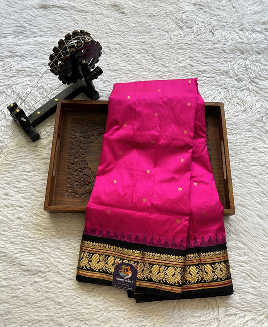 Narayanpet Silk Saree Hot Pink Colored Complemented with a Black Zari Border. - Sampradaya Designer Studio