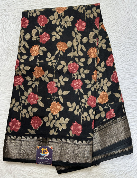 Banarasi Soft Silk Saree Black Colored Complemented with a Zari Border. - Sampradaya Designer Studio