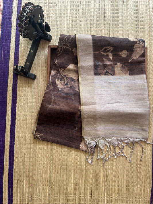 Semi Tussar Silk Saree -Mahogany color with Gold Zari Border - Elegant Fancy Saree for Party & Office Wear.