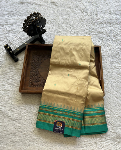 Narayanpet Silk Saree Beige Colored Complemented with a Rama Green Zari Border. - Sampradaya Designer Studio
