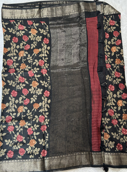 Banarasi Soft Silk Saree Black Colored Complemented with a Zari Border. - Sampradaya Designer Studio