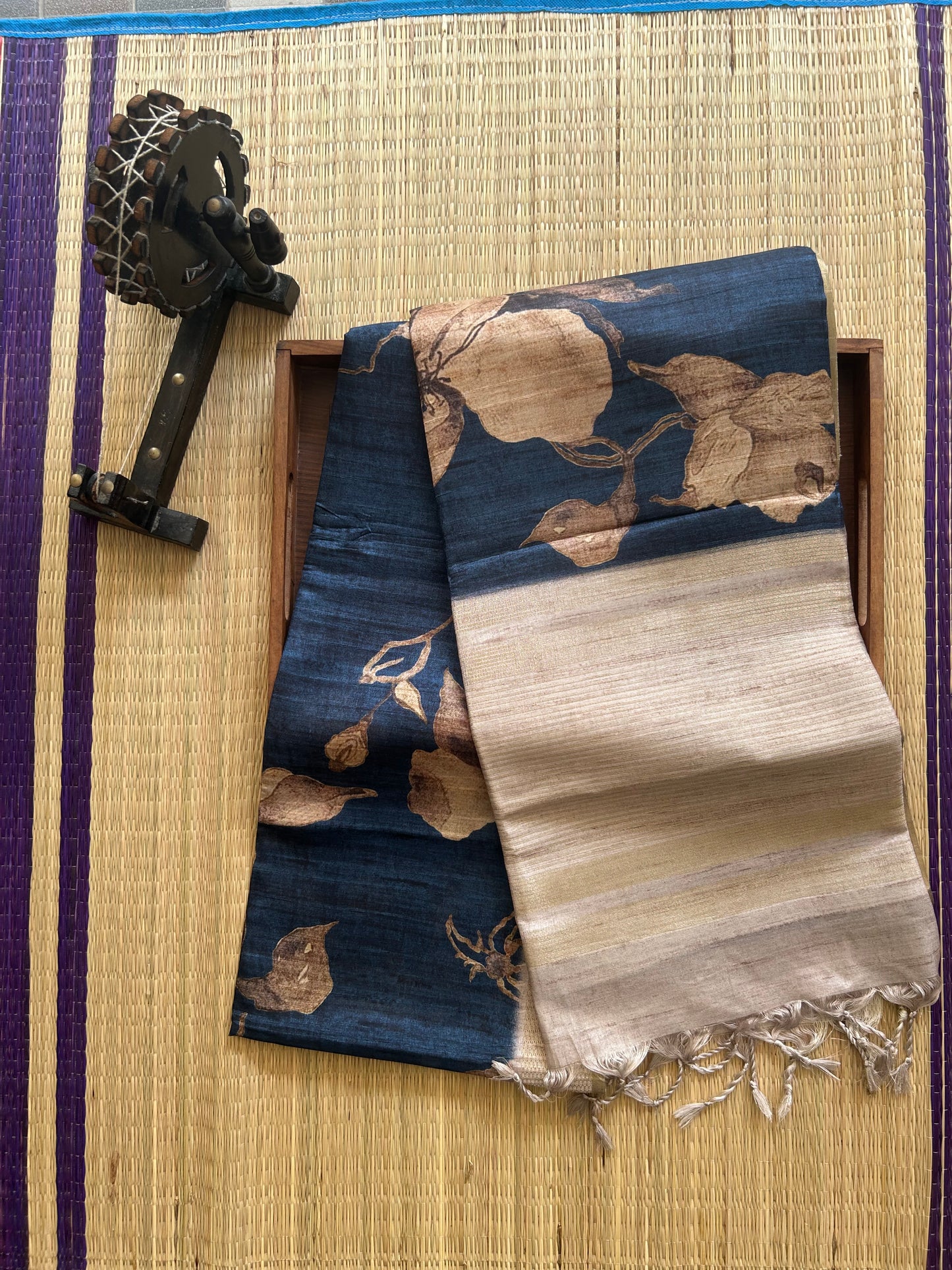 Semi Tussar Silk Saree -navy blue color with Gold Zari Border - Elegant Fancy Saree for Party & Office Wear.