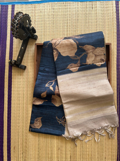 Semi Tussar Silk Saree -navy blue color with Gold Zari Border - Elegant Fancy Saree for Party & Office Wear.
