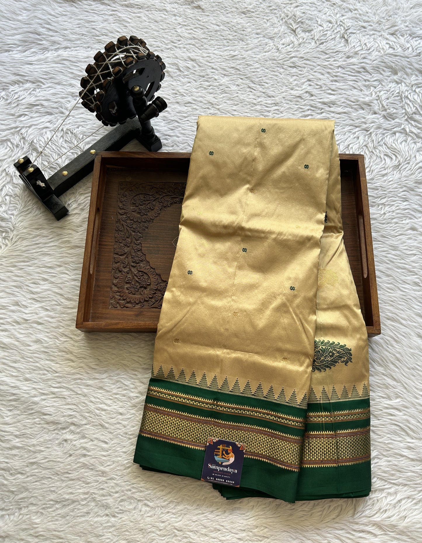 Narayanpet Silk Saree Beige Colored Complemented with a Green Zari Border. - Sampradaya Designer Studio