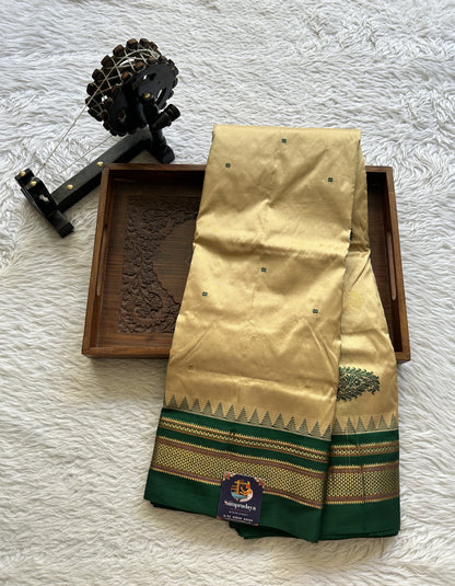 Narayanpet Silk Saree Beige Colored Complemented with a Green Zari Border. - Sampradaya Designer Studio